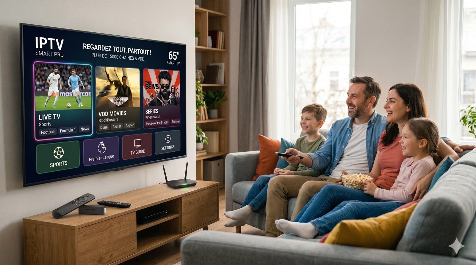 Famille regardant l'IPTV en 4K sur Smart TV